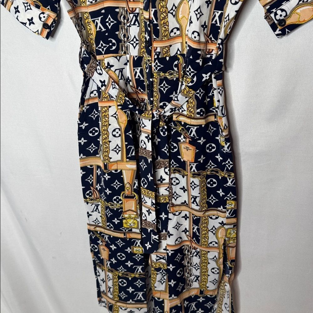 Zara Stylish Navy and Gold Patterned Dress. Size Small. - Picture 3 of 7